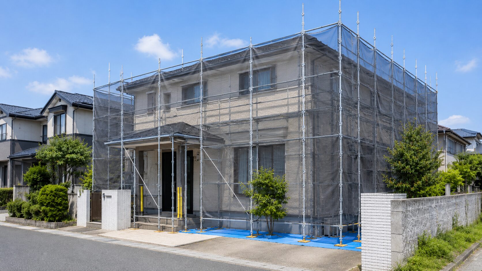 羽村市の外壁塗装工事で足場を設置した住宅のイメージ